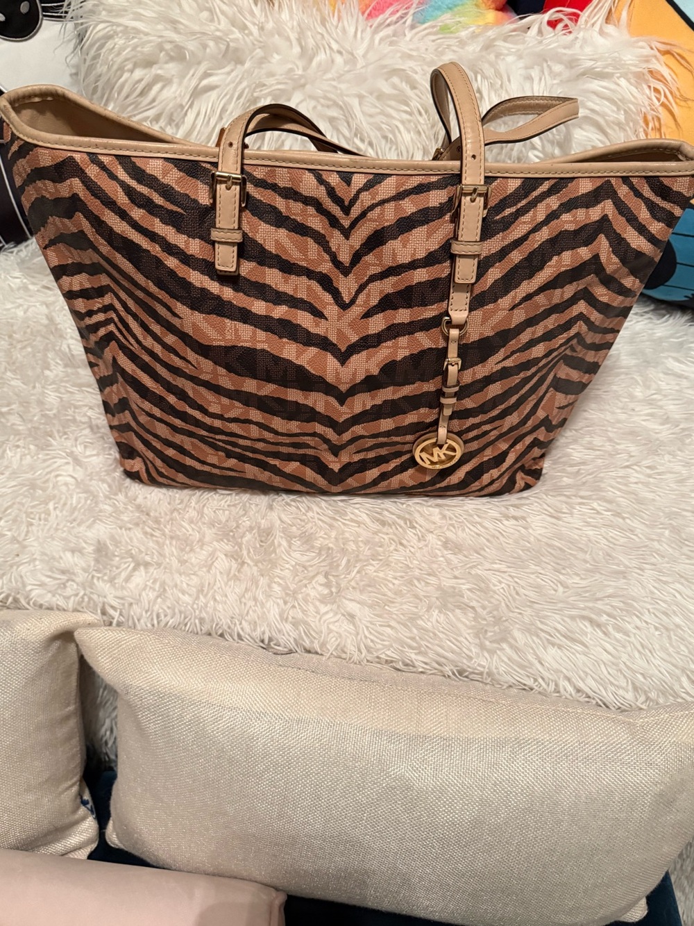 Michael Kors Tan Brown and Dark Brown Zebra-Print Tote with MK Charm